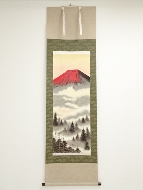 JAPANESE HANGING SCROLL / HAND PAINTED / RED Mt.FUJI